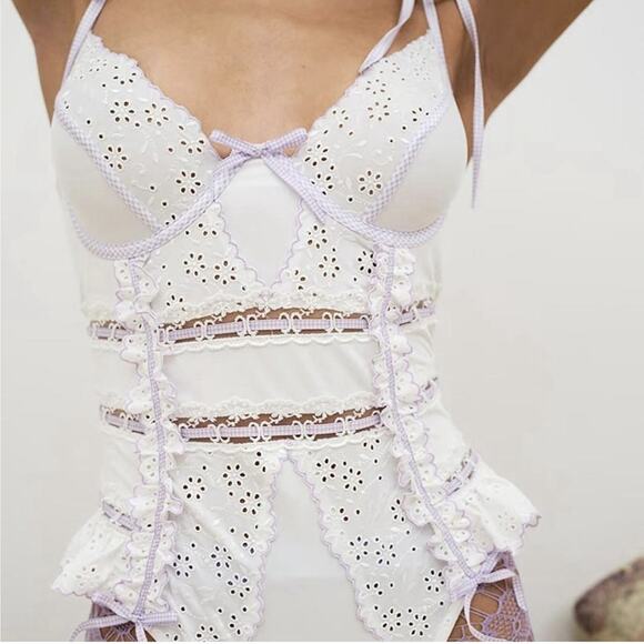 For Love & Lemons Swirl Eye Teddy 38C White Purple Eyelet Thong Lingerie Dainty - Picture 2 of 8